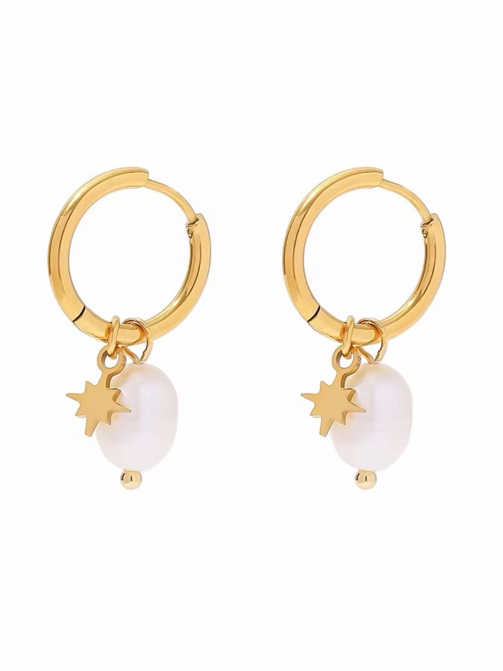 18K Gold Plated Freshwater Pearl Star Charm Hoop Earrings - Picture 9 of 9